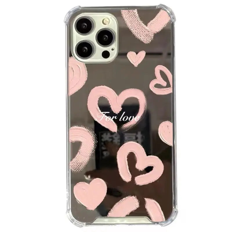 INS Mirror Face Love Heart Pattern Phone Case For iPhone 16 15 14 13 12 11 Pro Max XS Max XR 7 8 Plus Shockproof Girl Back Cover