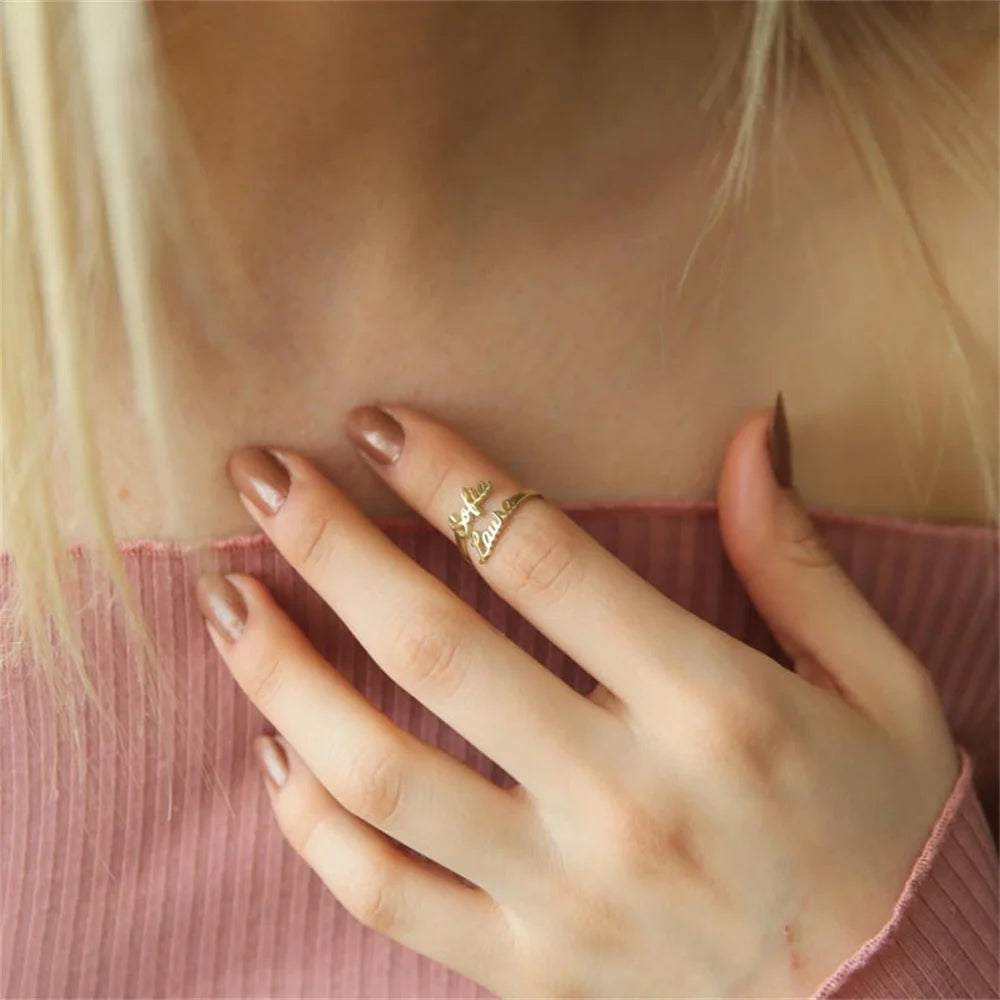 Tangula Personalized Custom 1-3 Names Ring Opening Adjustable Stainless Steel Women Mother  Daughter Couples Best Gift Jewelry