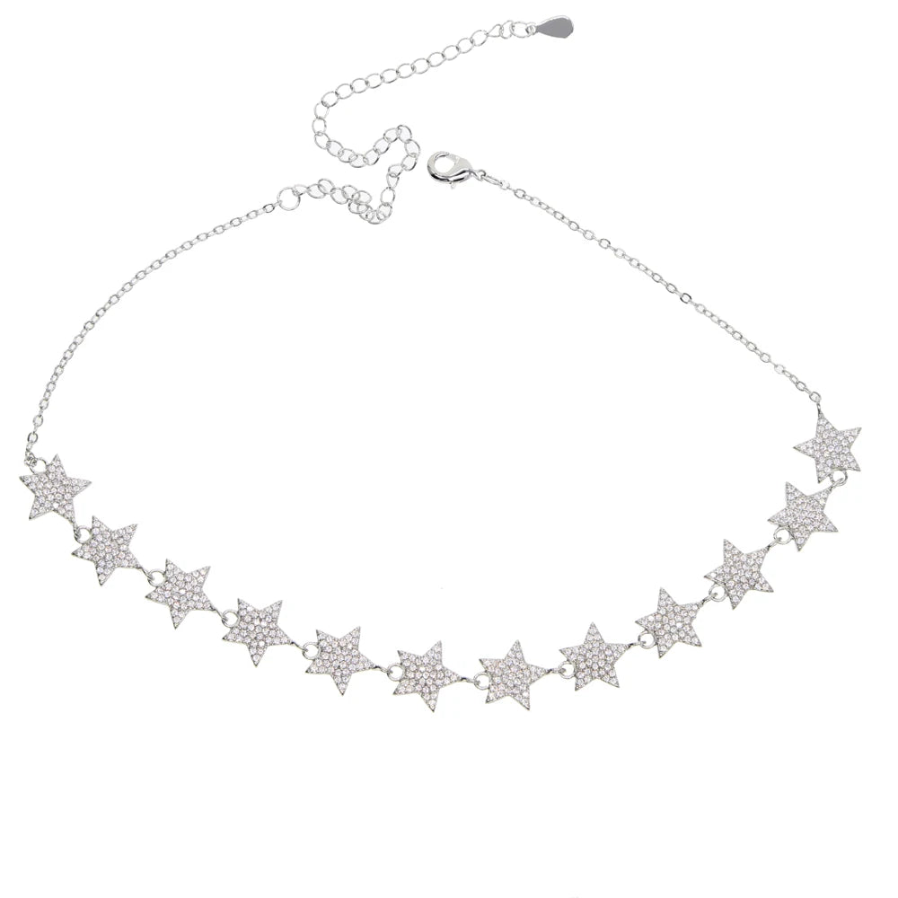 Micro pave clear cz star link chain Choker Necklace for Women gold plated 33+7cm delicate long jewelry Wedding Party gift