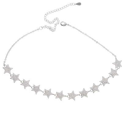 Micro pave clear cz star link chain Choker Necklace for Women gold plated 33+7cm delicate long jewelry Wedding Party gift