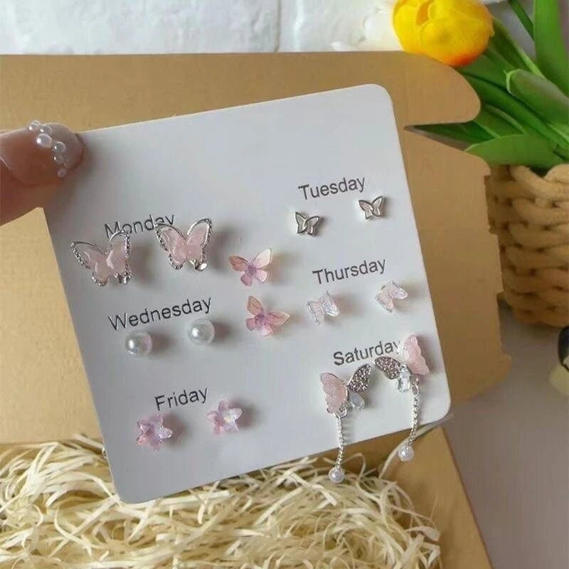 7pair Shiny Pink Flower Cherry Butterfly Star Pearl Stud Earrings Set for Women Girls Korean Fashion Aesthetic Jewelry Gift