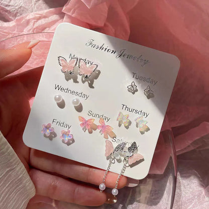 7pair Shiny Pink Flower Cherry Butterfly Star Pearl Stud Earrings Set for Women Girls Korean Fashion Aesthetic Jewelry Gift