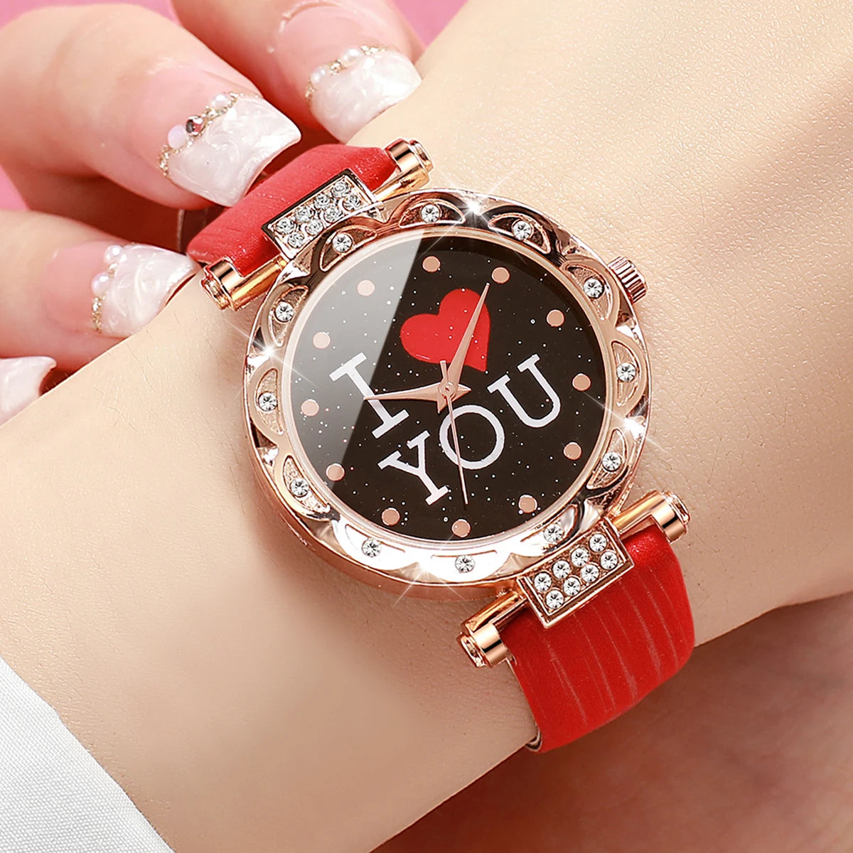 5PCS/Set Fashion Women's Watch Rhinestone Leather Band Quartz Watches Diamond Jewelry Set Gift For Mom（Without Box）