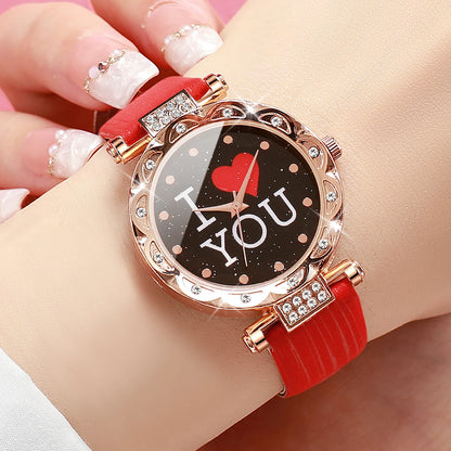 5PCS/Set Fashion Women's Watch Rhinestone Leather Band Quartz Watches Diamond Jewelry Set Gift For Mom（Without Box）