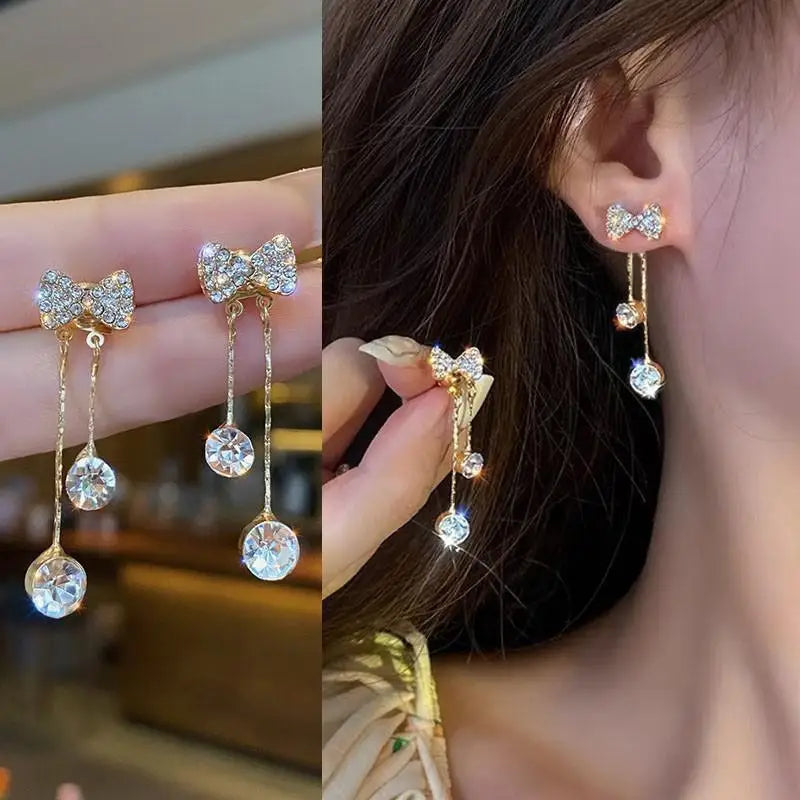 925 Silver Needle Korean Fashion Bow Crystal Drop Earrings For Women Jewelry 2025 Trending New Luxury Zircon Butterfly Earrings