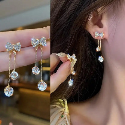 925 Silver Needle Korean Fashion Bow Crystal Drop Earrings For Women Jewelry 2025 Trending New Luxury Zircon Butterfly Earrings
