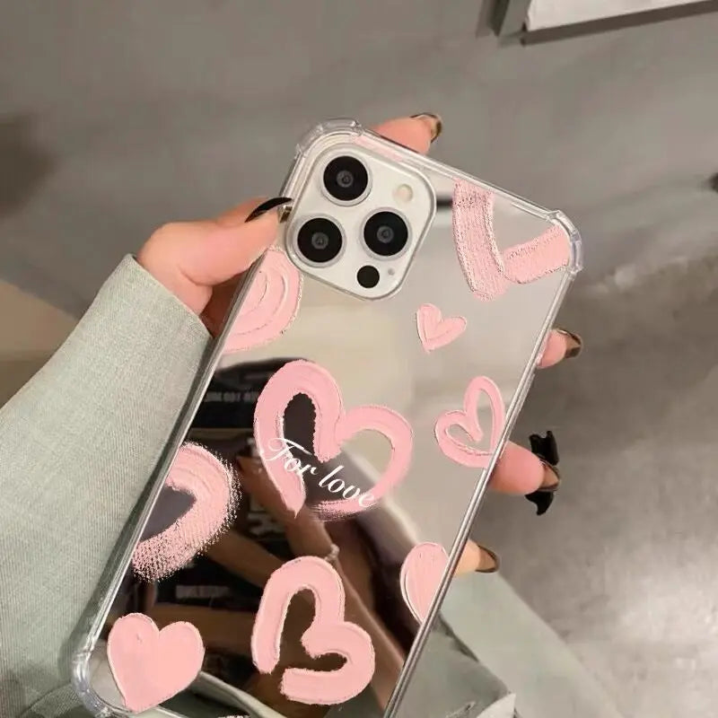 INS Mirror Face Love Heart Pattern Phone Case For iPhone 16 15 14 13 12 11 Pro Max XS Max XR 7 8 Plus Shockproof Girl Back Cover