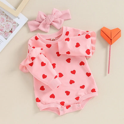 Citgeett Spring Valentine's Day Infant Baby Girl Outfits Ruffle Long Sleeve Heart Print Bodysuit Headband Set Autumn Clothes