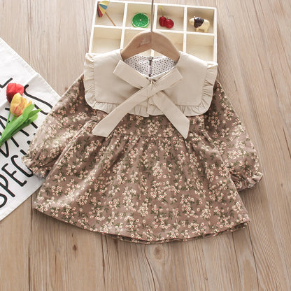 Baby Girl Clothes Spring And Autumn Long-Sleeved Bow Full Print Floral Doll Collar Children Dresses Cute Casual Baby Girl Dress
