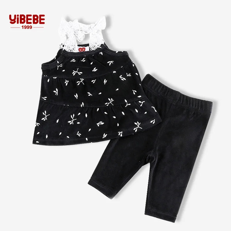 3m-36m Baby Girls' Pants Set 2 Piece Cute Blouse and Skinny Pants Black Velvet Fall Outfits Lace Bow Strap Floral Tank top