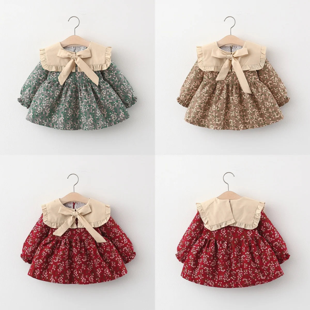 Baby Girl Clothes Spring And Autumn Long-Sleeved Bow Full Print Floral Doll Collar Children Dresses Cute Casual Baby Girl Dress