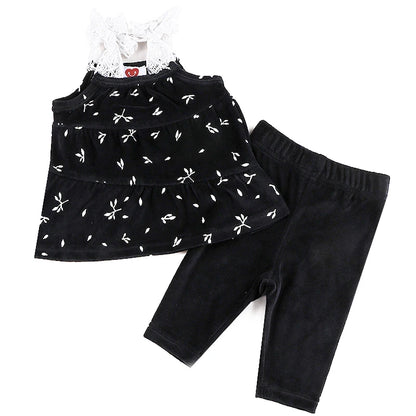 3m-36m Baby Girls' Pants Set 2 Piece Cute Blouse and Skinny Pants Black Velvet Fall Outfits Lace Bow Strap Floral Tank top