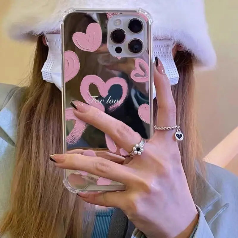 INS Mirror Face Love Heart Pattern Phone Case For iPhone 16 15 14 13 12 11 Pro Max XS Max XR 7 8 Plus Shockproof Girl Back Cover
