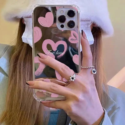 INS Mirror Face Love Heart Pattern Phone Case For iPhone 16 15 14 13 12 11 Pro Max XS Max XR 7 8 Plus Shockproof Girl Back Cover