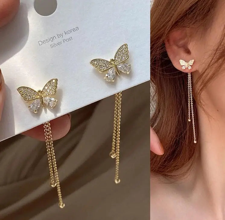 925 Silver Needle Korean Fashion Bow Crystal Drop Earrings For Women Jewelry 2025 Trending New Luxury Zircon Butterfly Earrings