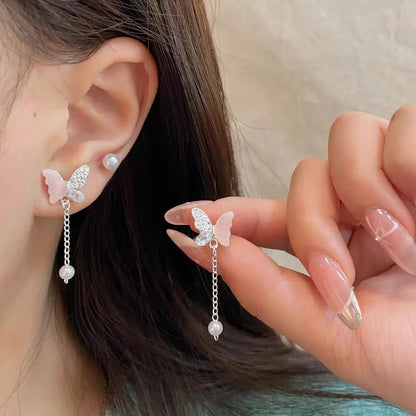 7pair Shiny Pink Flower Cherry Butterfly Star Pearl Stud Earrings Set for Women Girls Korean Fashion Aesthetic Jewelry Gift