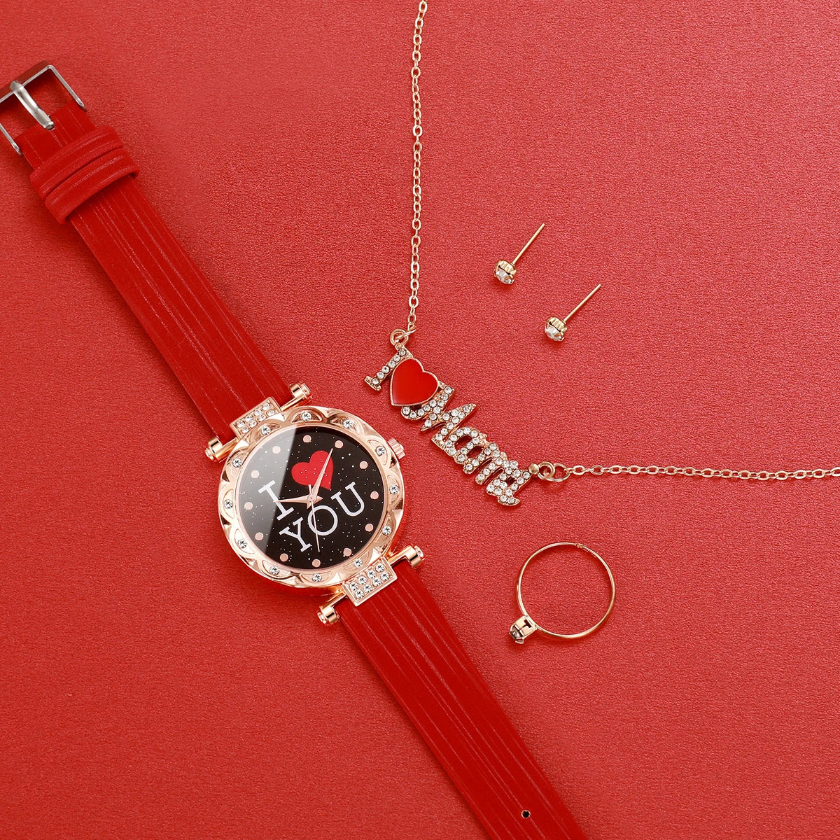 5PCS/Set Fashion Women's Watch Rhinestone Leather Band Quartz Watches Diamond Jewelry Set Gift For Mom（Without Box）