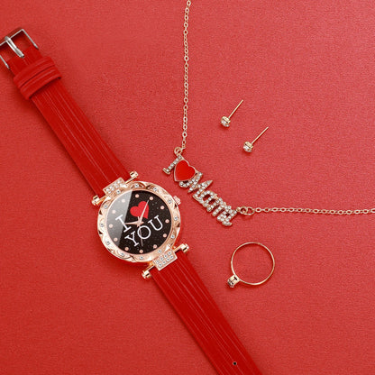 5PCS/Set Fashion Women's Watch Rhinestone Leather Band Quartz Watches Diamond Jewelry Set Gift For Mom（Without Box）