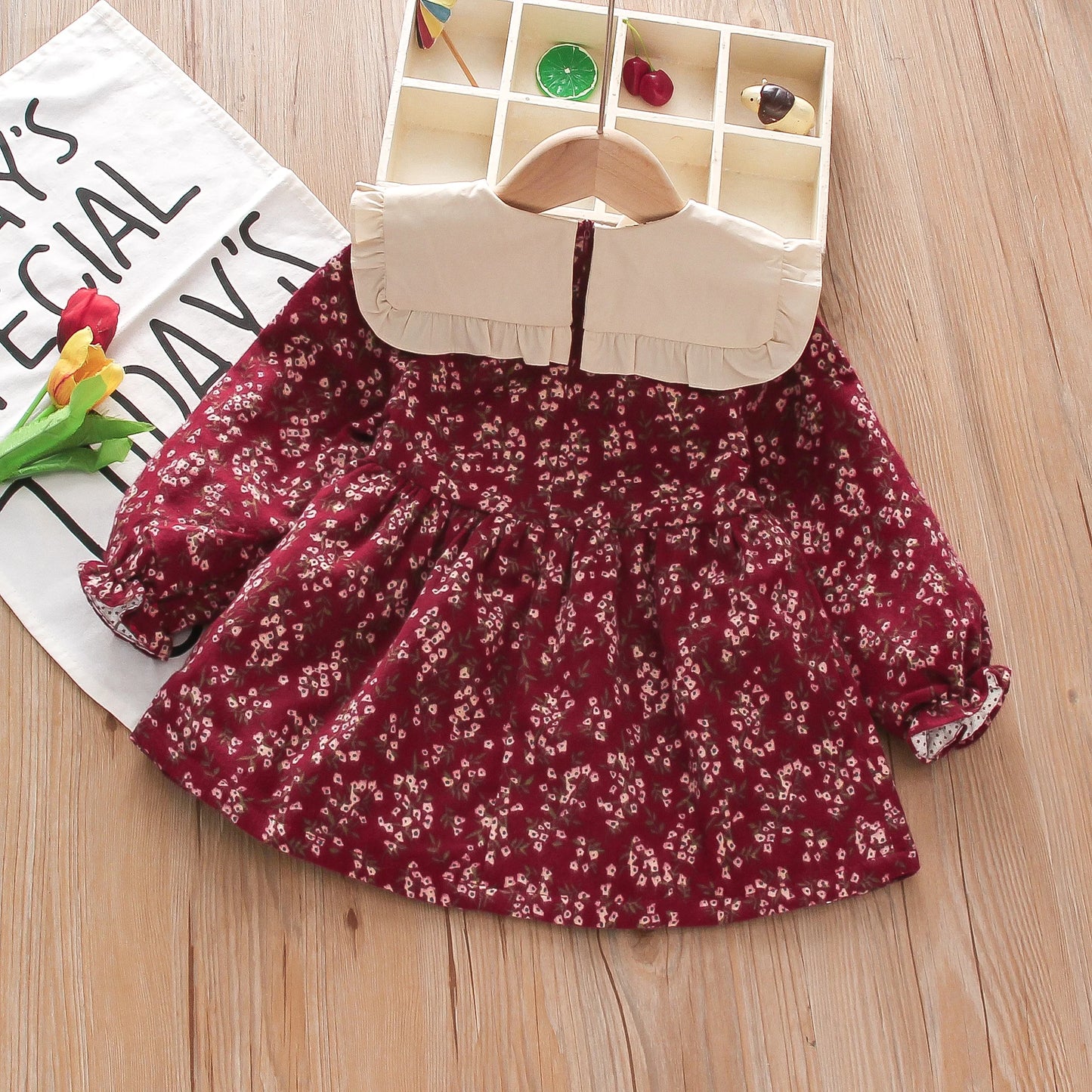 Baby Girl Clothes Spring And Autumn Long-Sleeved Bow Full Print Floral Doll Collar Children Dresses Cute Casual Baby Girl Dress