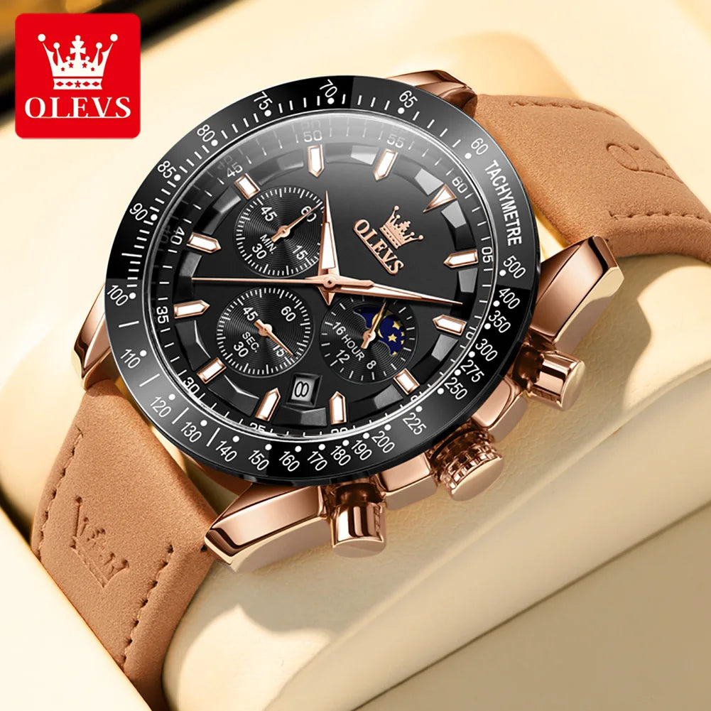 OLEVS Men's Quartz Watch New Original Date Calendar Moon Phase Waterproof Luminous Brown Leather strap Quartz Watch for Men
