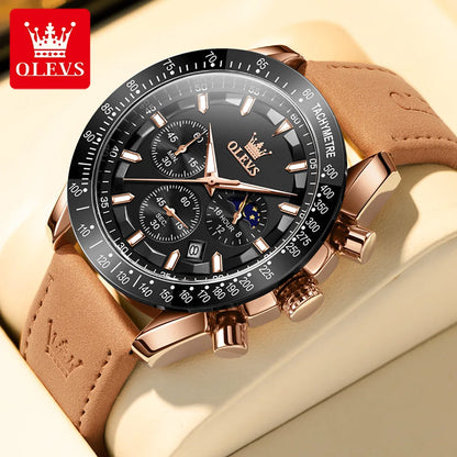 OLEVS Men's Quartz Watch New Original Date Calendar Moon Phase Waterproof Luminous Brown Leather strap Quartz Watch for Men