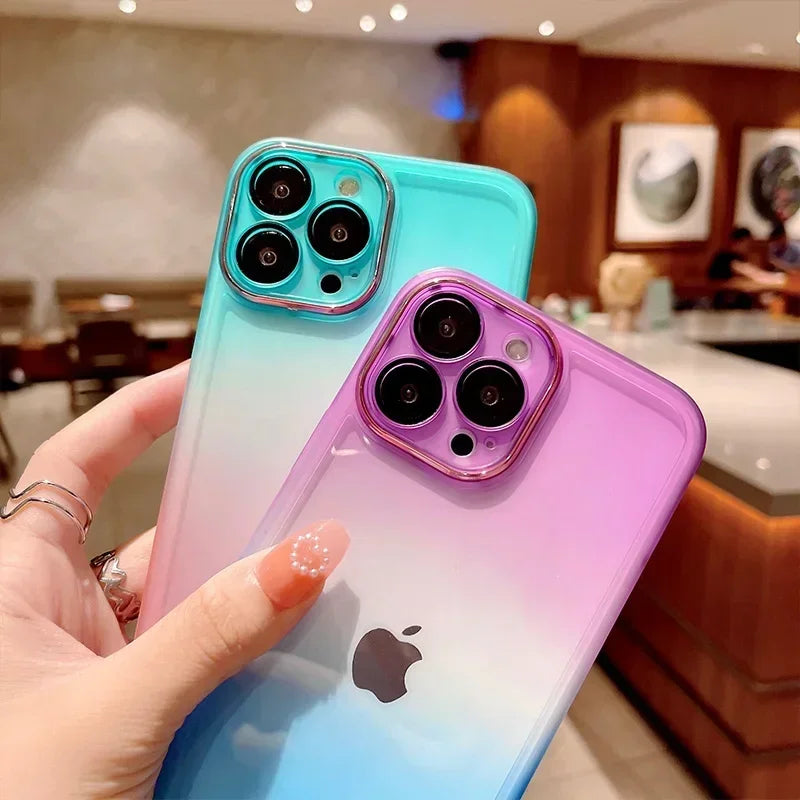 Gradient Color Phone Cases For IPhone 16 15 14 Pro Max 13 12 11 16 Plus Comes with Lens Film Back Covers  phone case