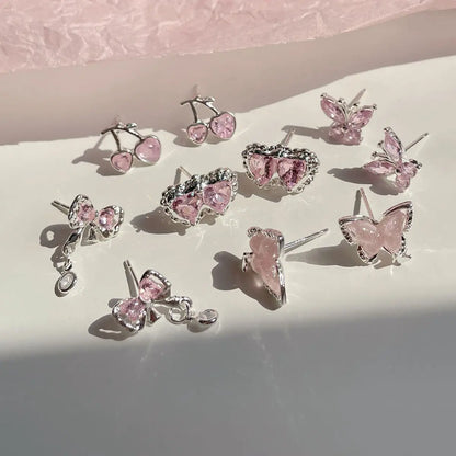 7pair Shiny Pink Flower Cherry Butterfly Star Pearl Stud Earrings Set for Women Girls Korean Fashion Aesthetic Jewelry Gift