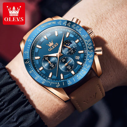 OLEVS Men's Quartz Watch New Original Date Calendar Moon Phase Waterproof Luminous Brown Leather strap Quartz Watch for Men