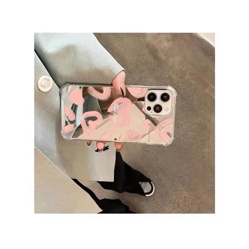 INS Mirror Face Love Heart Pattern Phone Case For iPhone 16 15 14 13 12 11 Pro Max XS Max XR 7 8 Plus Shockproof Girl Back Cover