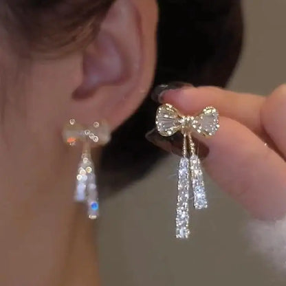 925 Silver Needle Korean Fashion Bow Crystal Drop Earrings For Women Jewelry 2025 Trending New Luxury Zircon Butterfly Earrings