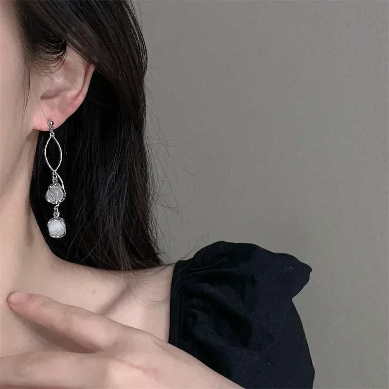 Long Drop Earrings Accessories for Women  Round Cut Synthetic Gems Bridal Wedding Jewelry Decor Elegant Ear Jewelry for Women