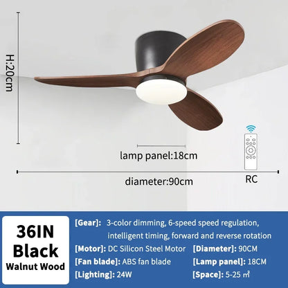 36 Inch Modern Low Floor Ceiling Fan Light with Remote Control, Living Room, Bedroom, Dining Room, Ceiling Fan Pendant Light