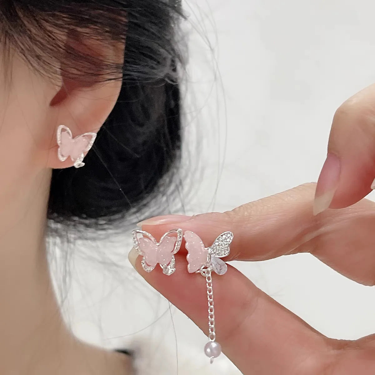 7pair Shiny Pink Flower Cherry Butterfly Star Pearl Stud Earrings Set for Women Girls Korean Fashion Aesthetic Jewelry Gift