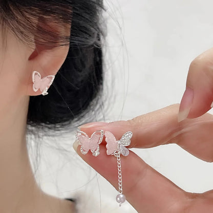 7pair Shiny Pink Flower Cherry Butterfly Star Pearl Stud Earrings Set for Women Girls Korean Fashion Aesthetic Jewelry Gift