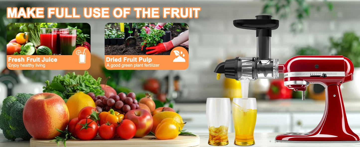 Masticating Juicer Attachment for KitchenAid Stand Mixer, Slow Juicer Attachment with Silicone Tube and Cleaning Brush