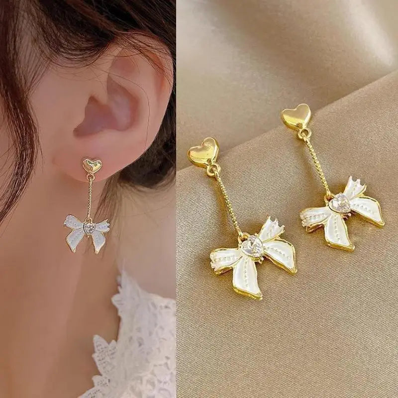 925 Silver Needle Korean Fashion Bow Crystal Drop Earrings For Women Jewelry 2025 Trending New Luxury Zircon Butterfly Earrings