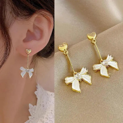 925 Silver Needle Korean Fashion Bow Crystal Drop Earrings For Women Jewelry 2025 Trending New Luxury Zircon Butterfly Earrings