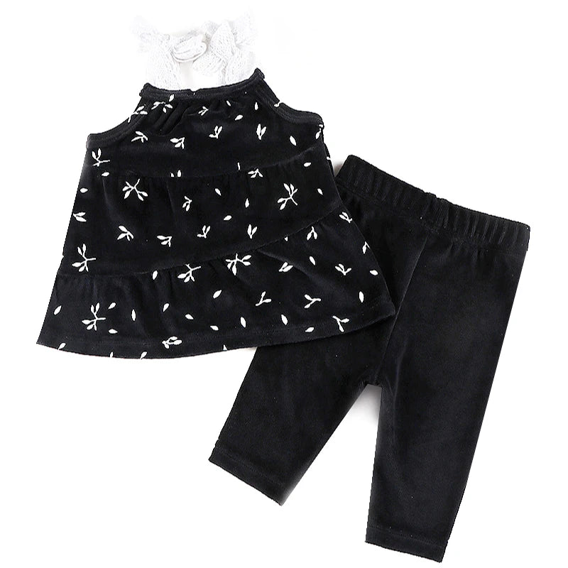 3m-36m Baby Girls' Pants Set 2 Piece Cute Blouse and Skinny Pants Black Velvet Fall Outfits Lace Bow Strap Floral Tank top