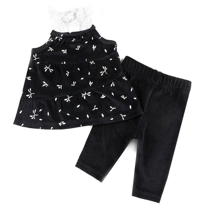 3m-36m Baby Girls' Pants Set 2 Piece Cute Blouse and Skinny Pants Black Velvet Fall Outfits Lace Bow Strap Floral Tank top
