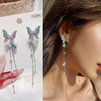 925 Silver Needle Korean Fashion Bow Crystal Drop Earrings For Women Jewelry 2025 Trending New Luxury Zircon Butterfly Earrings