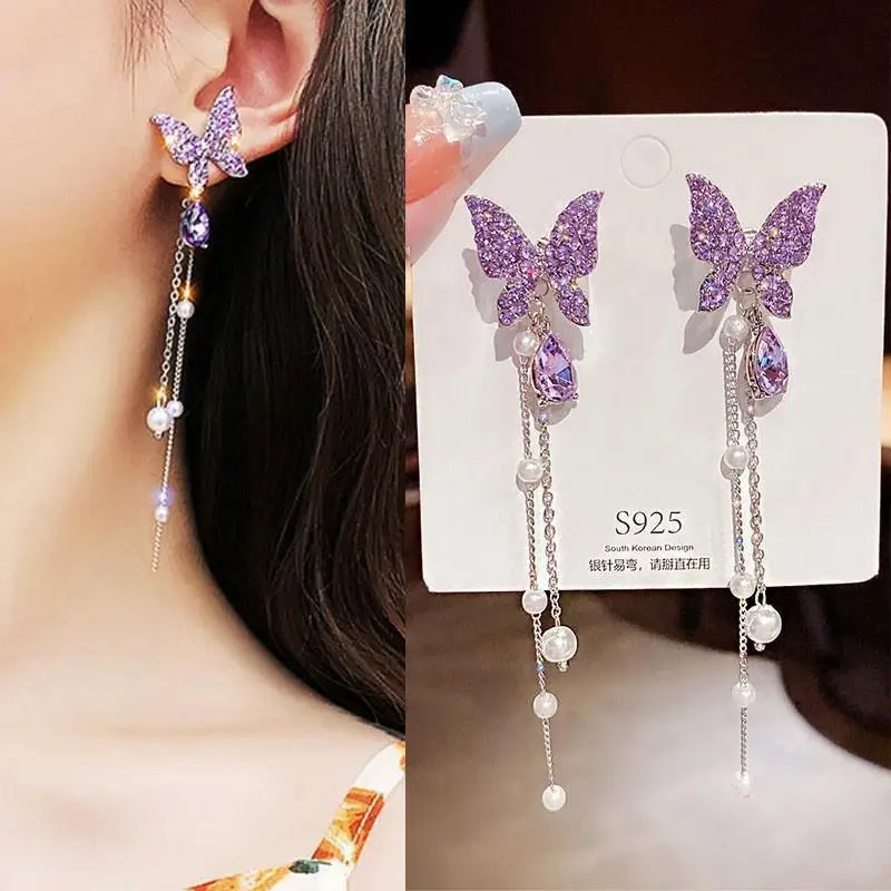 925 Silver Needle Korean Fashion Bow Crystal Drop Earrings For Women Jewelry 2025 Trending New Luxury Zircon Butterfly Earrings