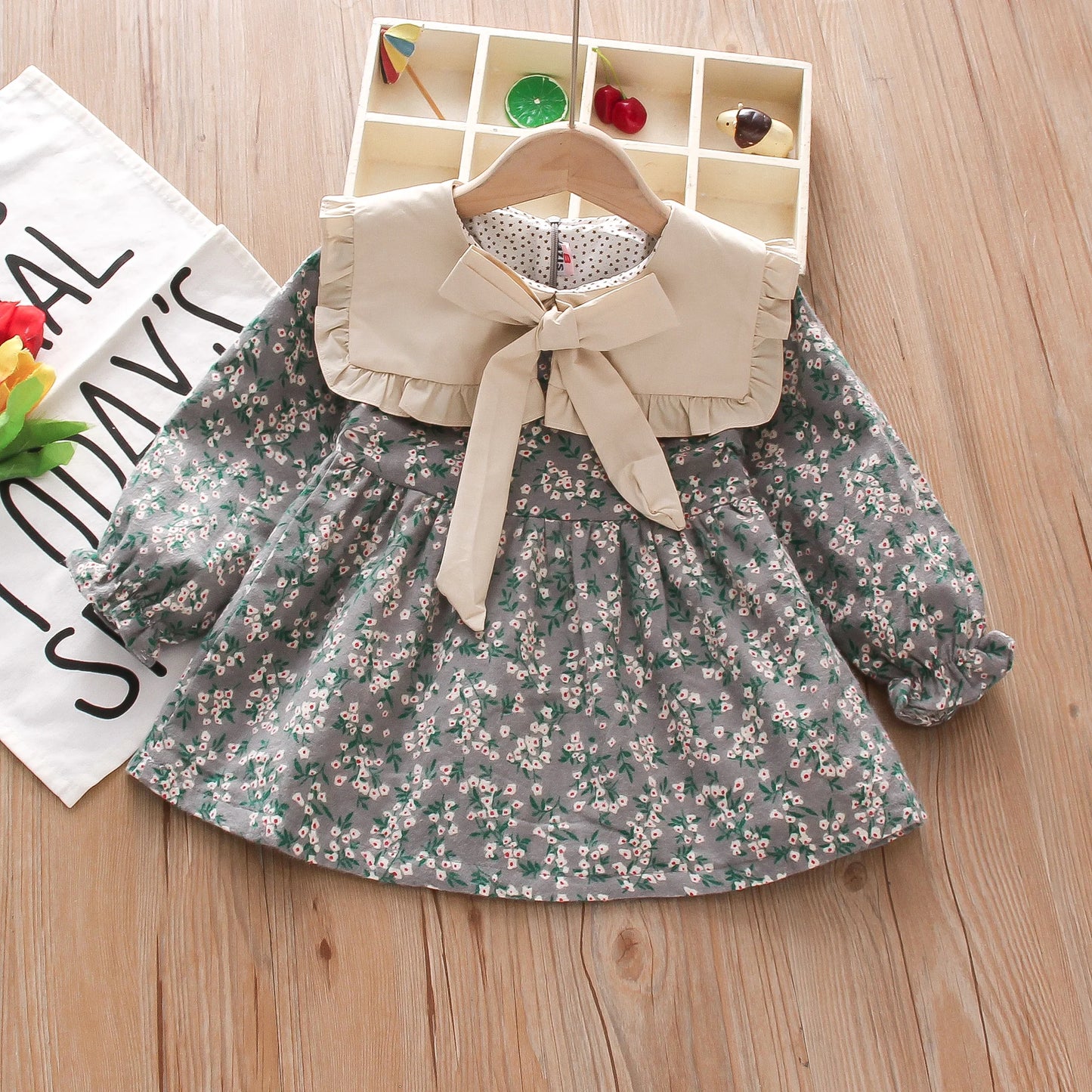 Baby Girl Clothes Spring And Autumn Long-Sleeved Bow Full Print Floral Doll Collar Children Dresses Cute Casual Baby Girl Dress