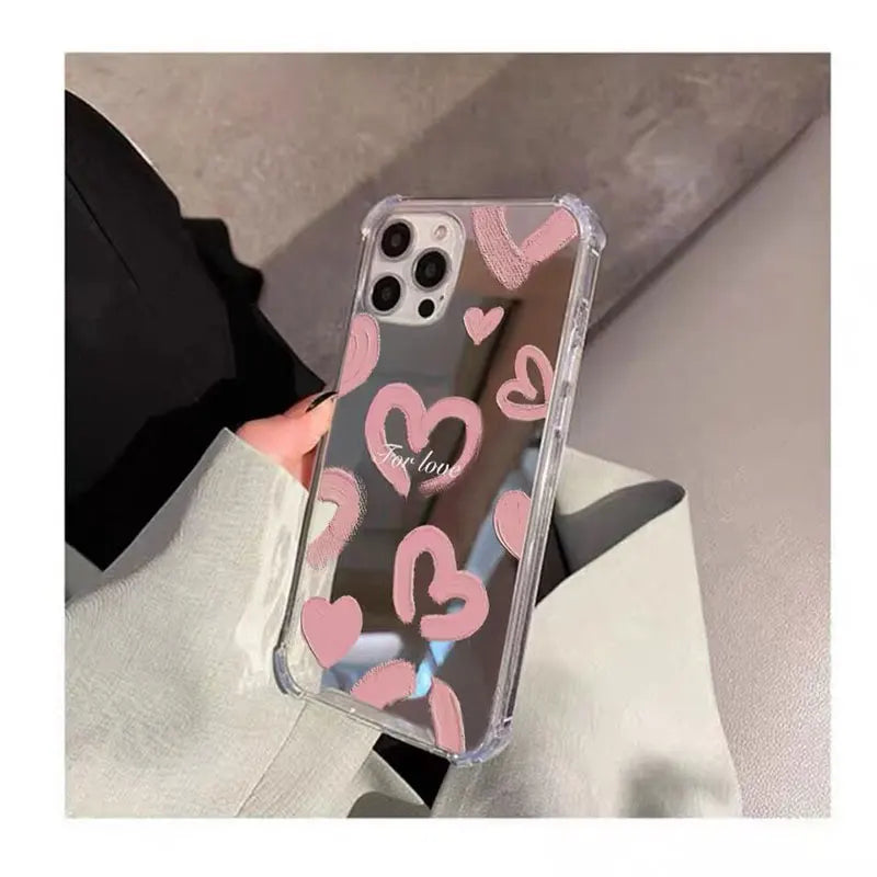INS Mirror Face Love Heart Pattern Phone Case For iPhone 16 15 14 13 12 11 Pro Max XS Max XR 7 8 Plus Shockproof Girl Back Cover