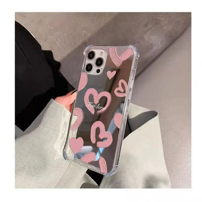 INS Mirror Face Love Heart Pattern Phone Case For iPhone 16 15 14 13 12 11 Pro Max XS Max XR 7 8 Plus Shockproof Girl Back Cover