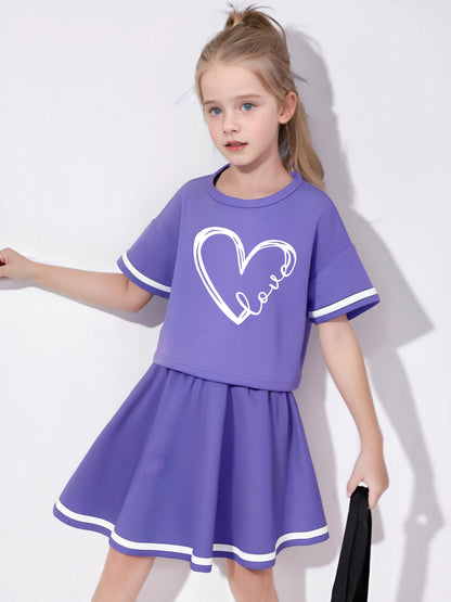Summer girls' two-piece short sleeved top+pleated skirt set, printed pattern, casual and comfortable, suitable for outdoor sport