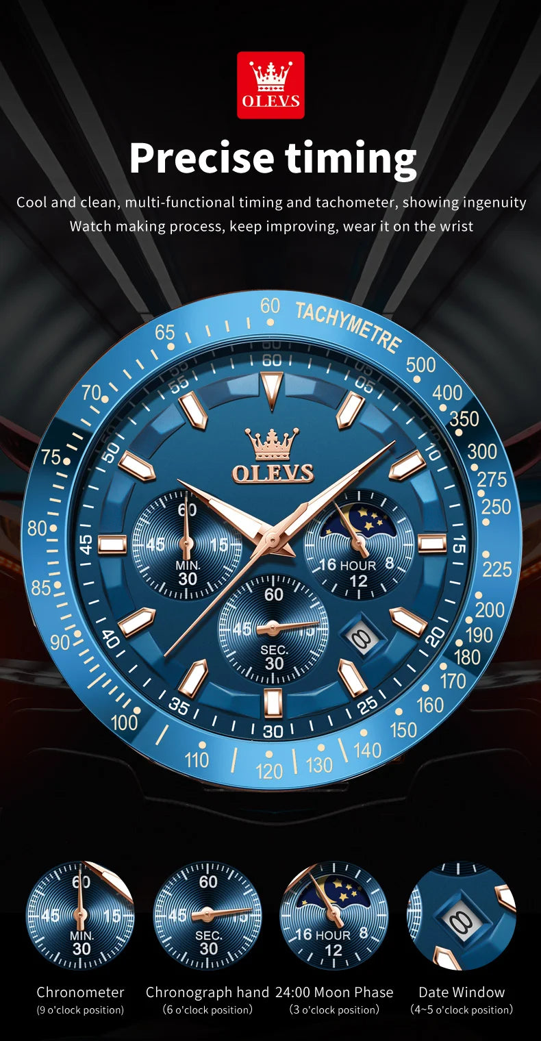 OLEVS Men's Quartz Watch New Original Date Calendar Moon Phase Waterproof Luminous Brown Leather strap Quartz Watch for Men