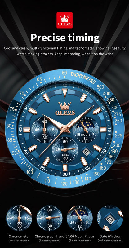 OLEVS Men's Quartz Watch New Original Date Calendar Moon Phase Waterproof Luminous Brown Leather strap Quartz Watch for Men