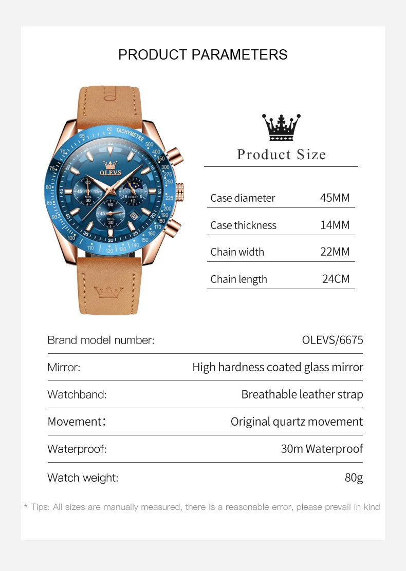 OLEVS Men's Quartz Watch New Original Date Calendar Moon Phase Waterproof Luminous Brown Leather strap Quartz Watch for Men