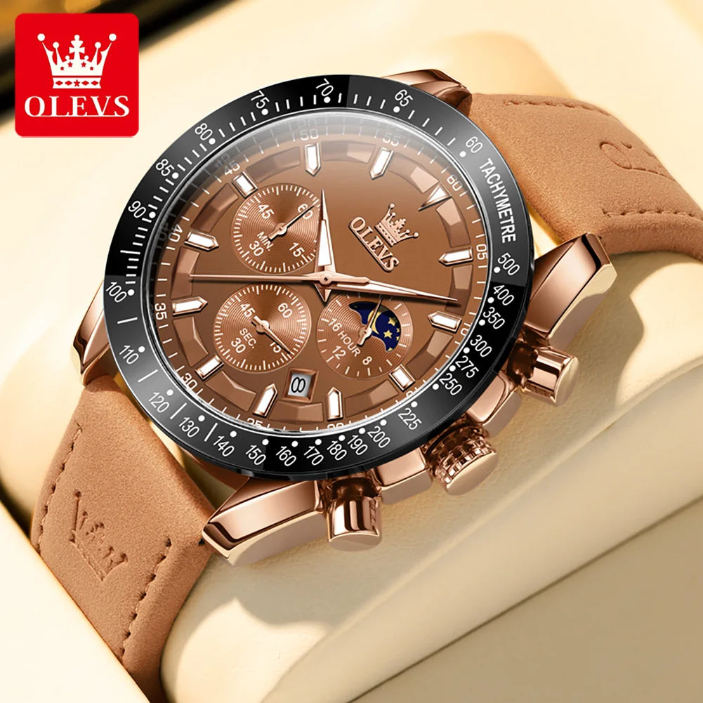 OLEVS Men's Quartz Watch New Original Date Calendar Moon Phase Waterproof Luminous Brown Leather strap Quartz Watch for Men