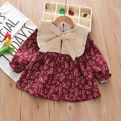 Baby Girl Clothes Spring And Autumn Long-Sleeved Bow Full Print Floral Doll Collar Children Dresses Cute Casual Baby Girl Dress
